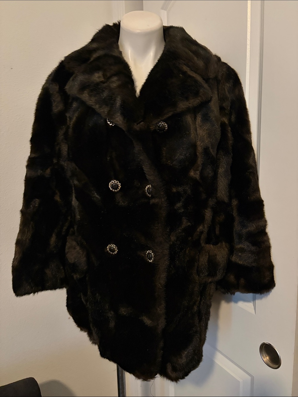 Women's Black Faux Fur Double-Breasted Pea Coat